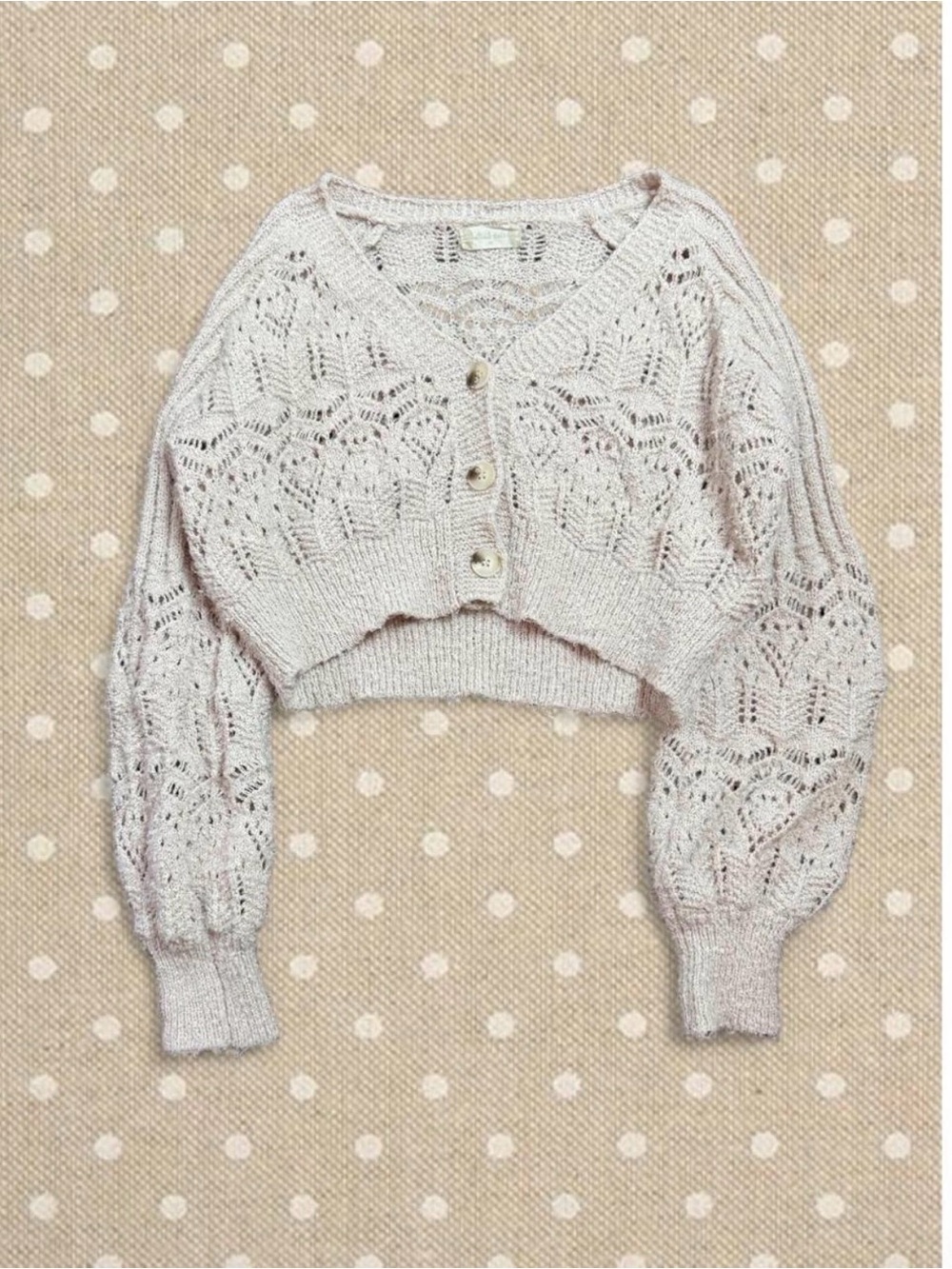 Altar'd State Taupe Openwork V‑Neck Cropped Cardigan - Picture 4 of 7